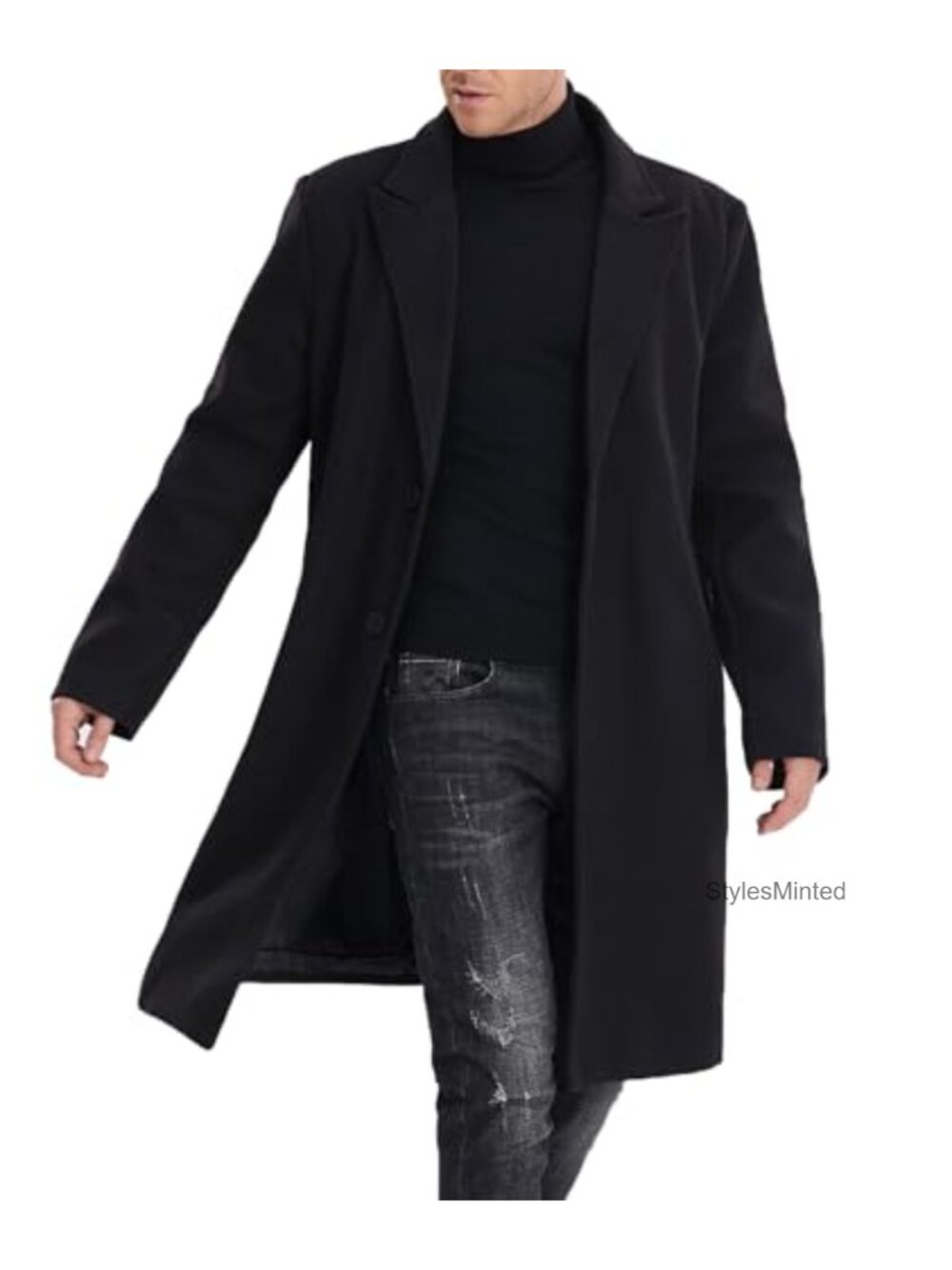 Men's Slim Fit Trench Coat Mid Length Notched Lapel Winter Business Overcoat